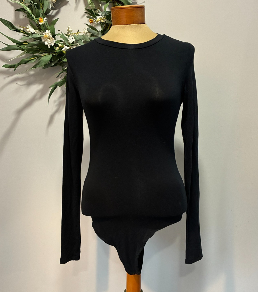 Aritzia Wilfred Black Long Sleeve Crew Neck Contour Bodysuit Thong Crotch, Sz S